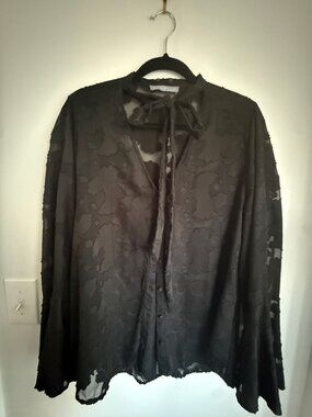 Octavia Black Sheer Burnout Tie Neck Bell Sleeve Blouse Sz S